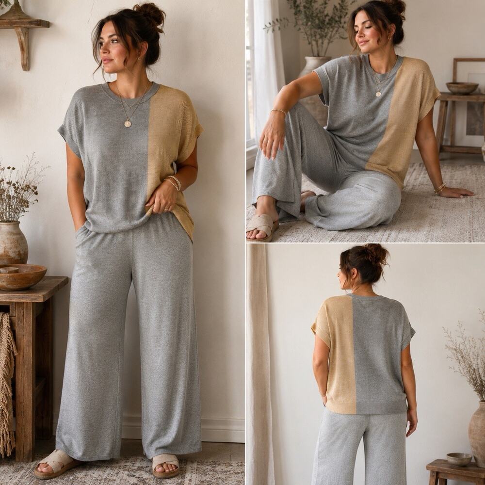 Cara Santana x Nine West Colorblock Knit Top & Wide Leg Pants Lounge Set Gray